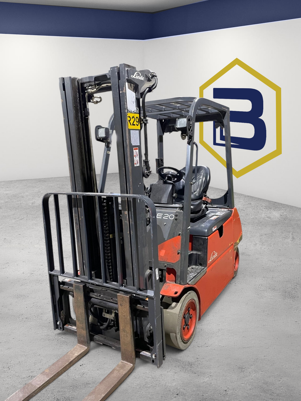 Burwell Material Handling 2019 Linde E20C electric sit-down forklift with red chassis and black mast in warehouse
