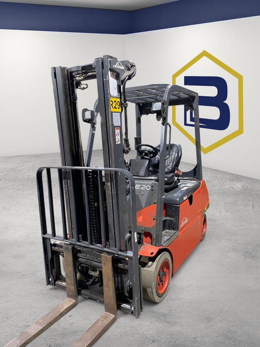 Burwell Material Handling 2019 Linde E20C electric sit-down forklift with red chassis and black mast in warehouse