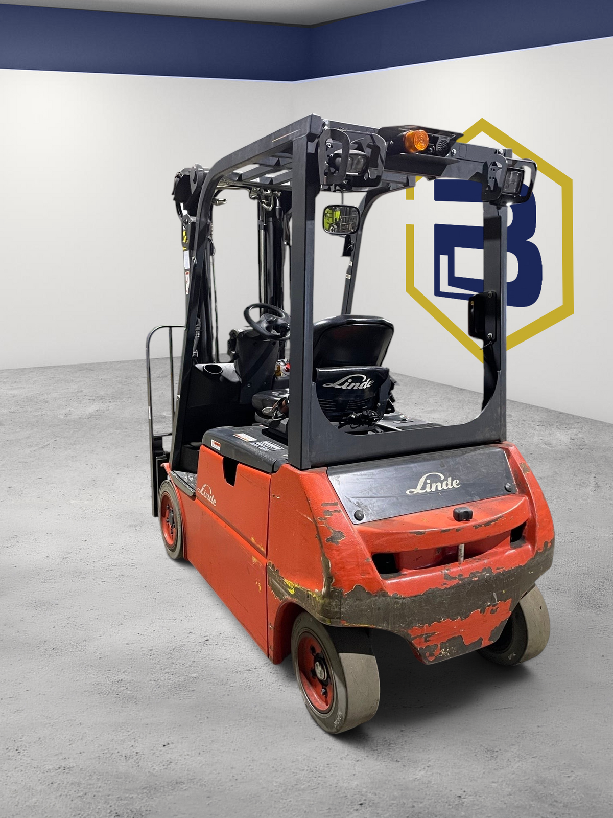 Burwell Material Handling 2019 Linde E20C electric sit-down forklift in red, viewed from the rear in a warehouse.