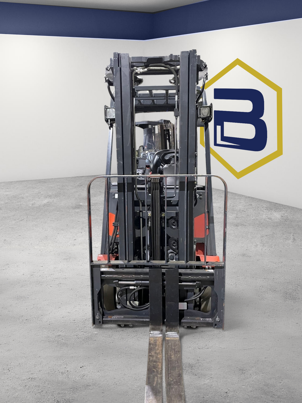 Burwell Material Handling 2022 Linde E20 electric sit-down forklift in a warehouse, front view of the mast and forks.
