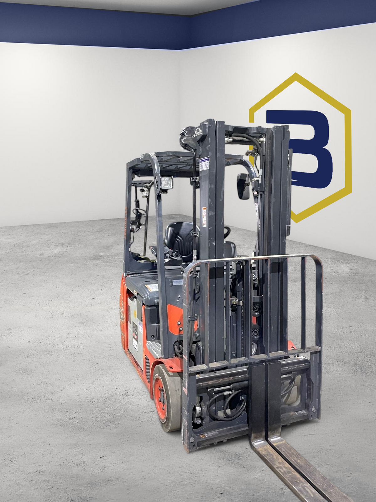 Burwell Material Handling 2022 Linde E20 electric sit-down forklift with 4,000 lb capacity in a warehouse setting.