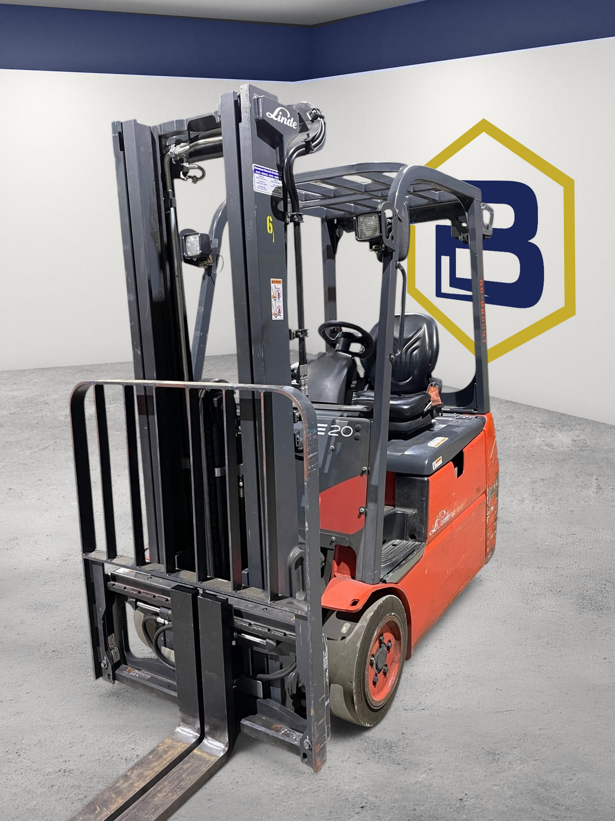 Burwell Material Handling 2022 Linde E20 electric sit-down forklift with red chassis and black mast in warehouse