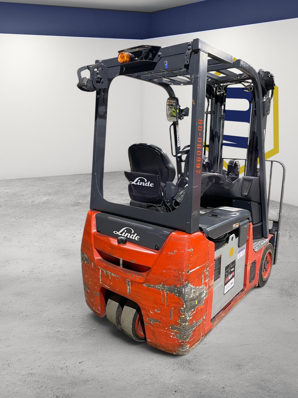 Burwell Material Handling 2022 Linde E20 electric sit-down forklift with red chassis and overhead guard