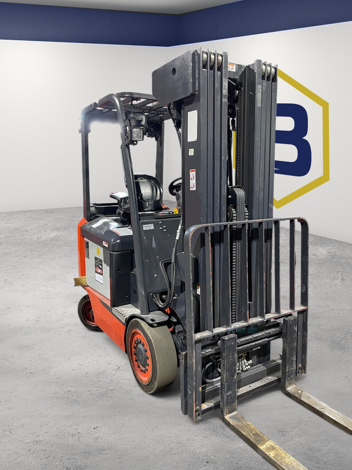 Burwell Material Handling 2020 Linde E25C electric cushion-tire forklift with 5,000 lb capacity in a warehouse.