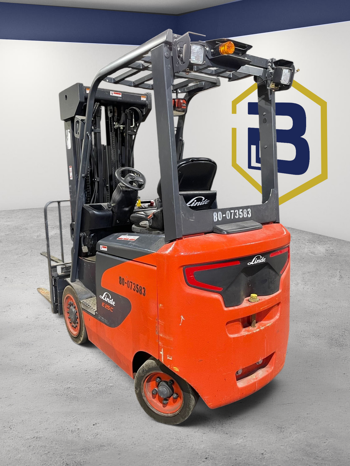 Burwell Material Handling 2020 Linde E25C electric cushion-tire forklift in red and grey for indoor warehouse use.