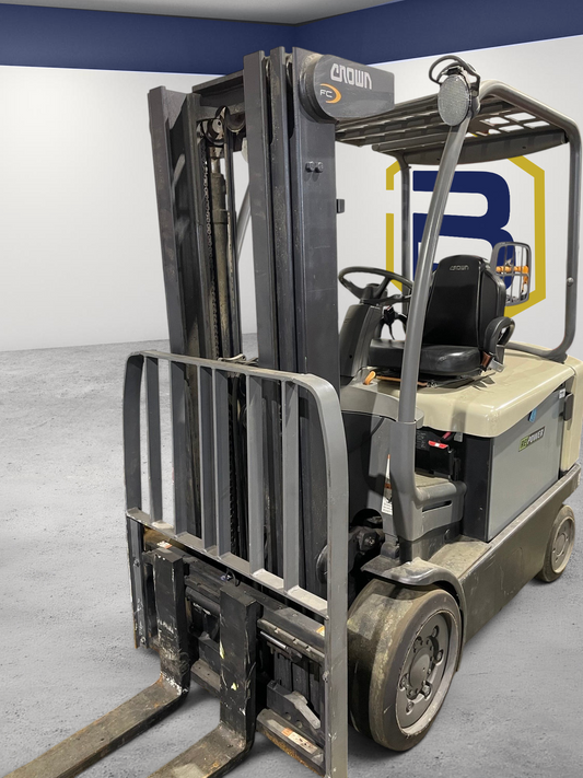 Burwell Material Handling 2013 Crown FC4525-55 electric sit-down forklift with cushion tires in a warehouse setting.