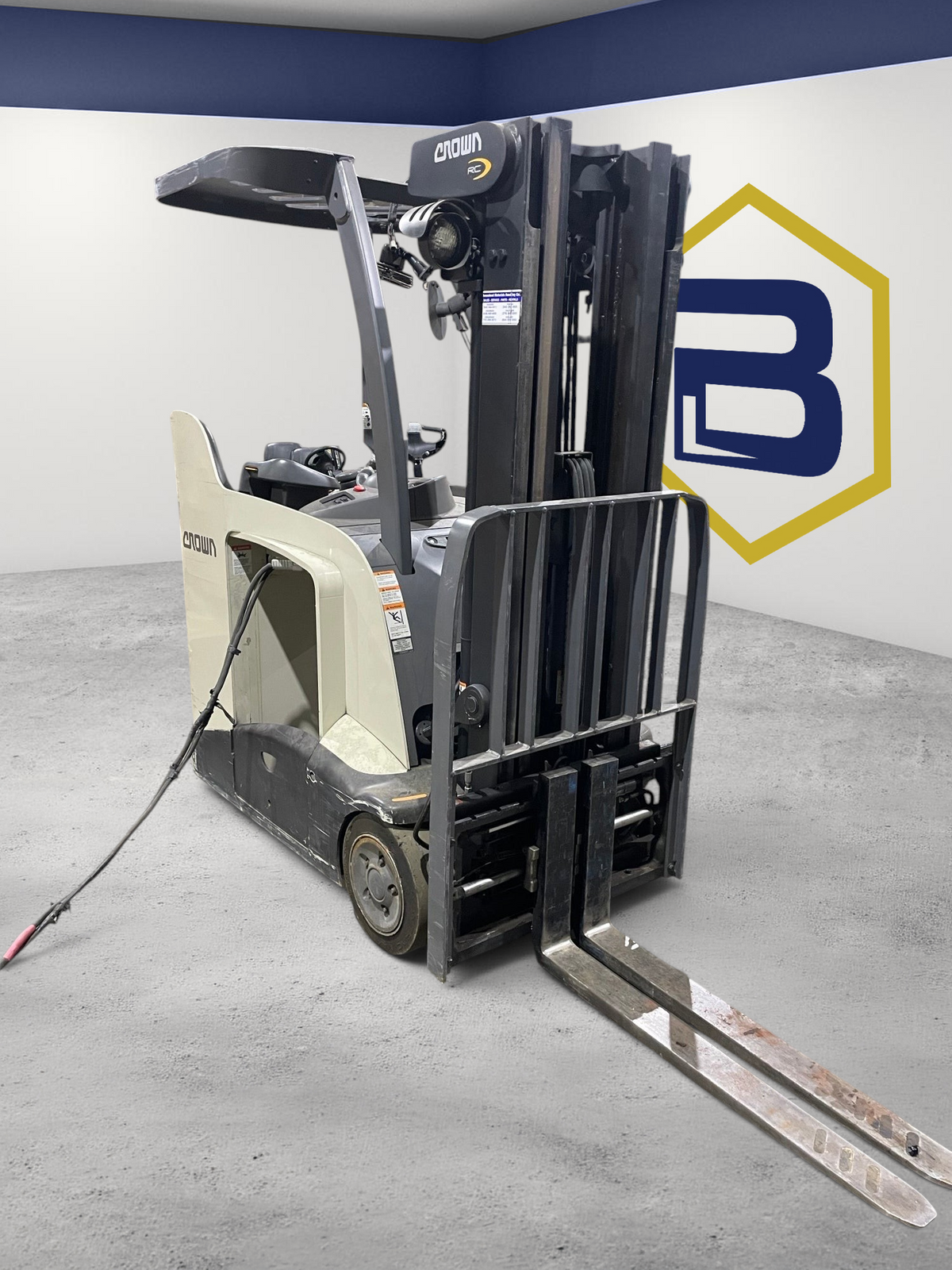 Burwell Material Handling 2017 Crown RC5545-40 electric stand-up forklift with cushion tires in a warehouse setting.