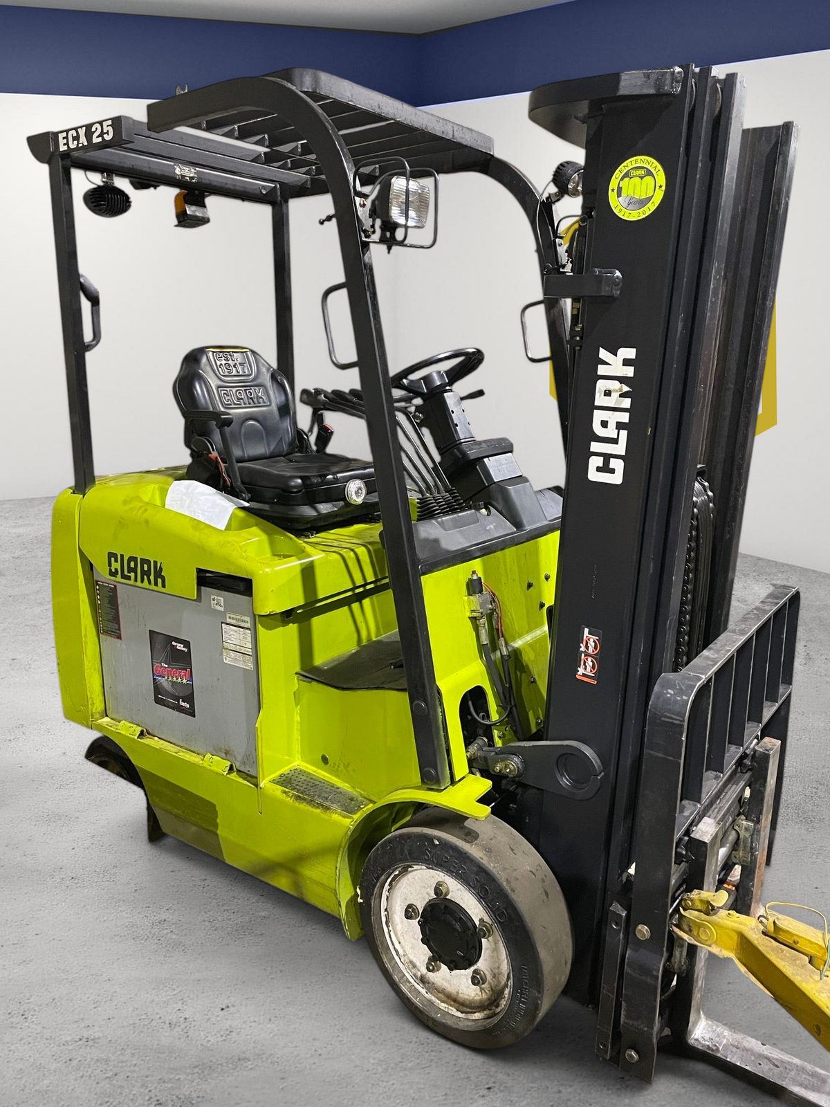 Burwell Material Handling 2018 Clark ECX25 electric 4-wheel cushion tire forklift in lime green and black.