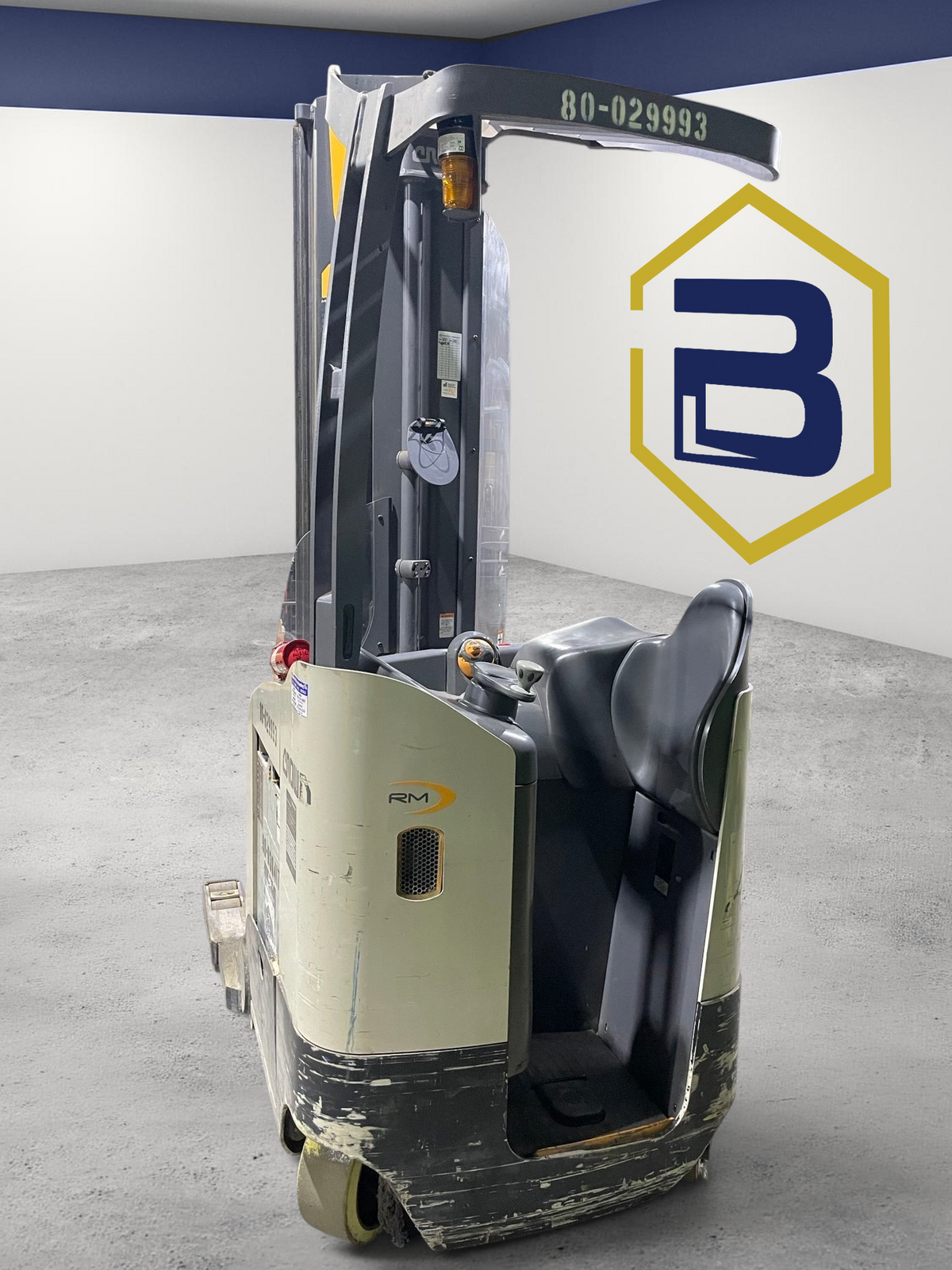 Burwell Material Handling 2016 Crown RM6025-45 electric reach truck with MonoLift mast in a warehouse setting