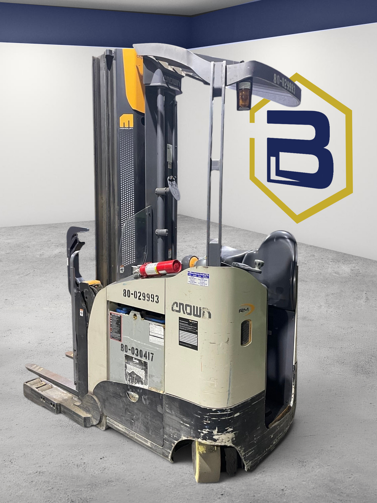 Burwell Material Handling 2016 Crown RM6025-45 electric reach truck with MonoLift mast for narrow-aisle warehouse use.