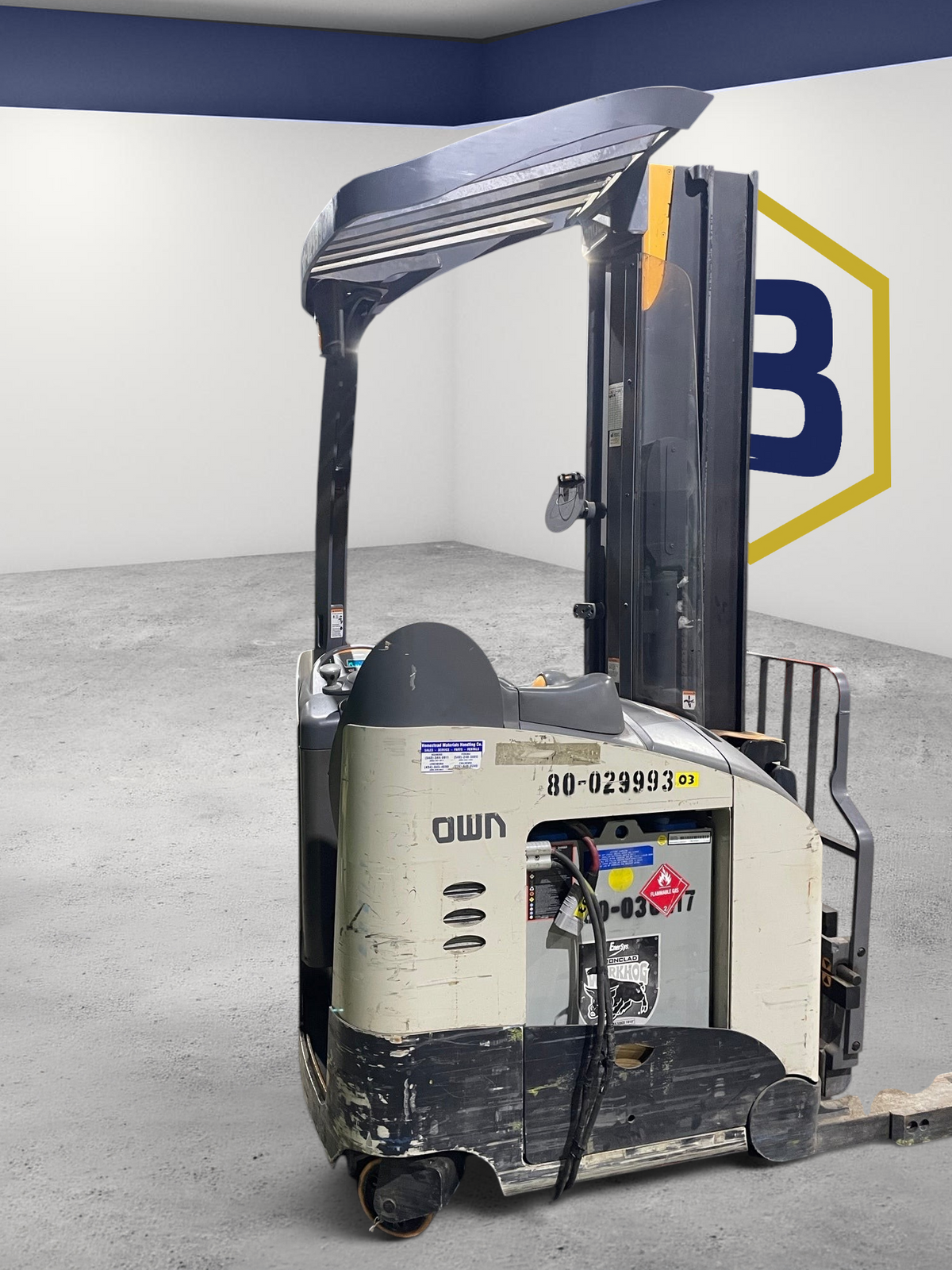 Burwell Material Handling 2016 Crown RM6025-45 electric reach truck with MonoLift mast in a warehouse setting