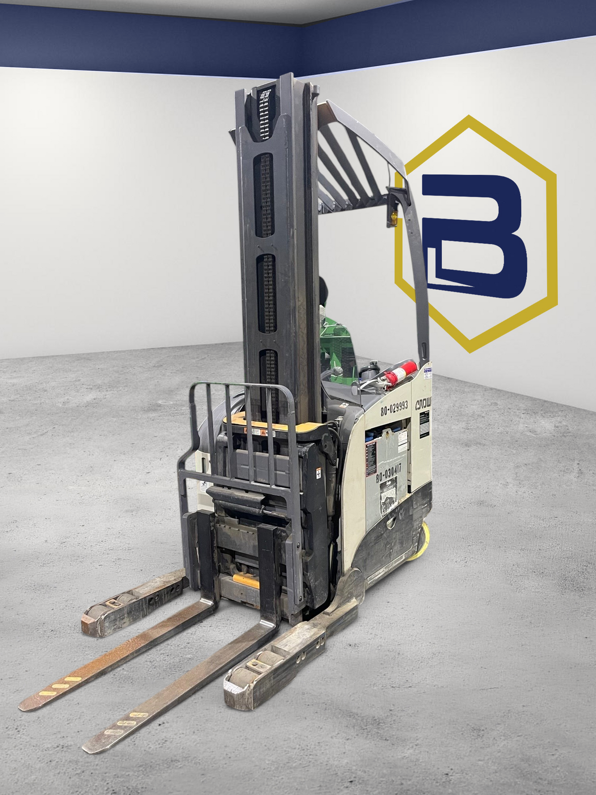 Burwell Material Handling 2016 Crown RM6025-45 electric reach truck with MonoLift mast in a warehouse setting.