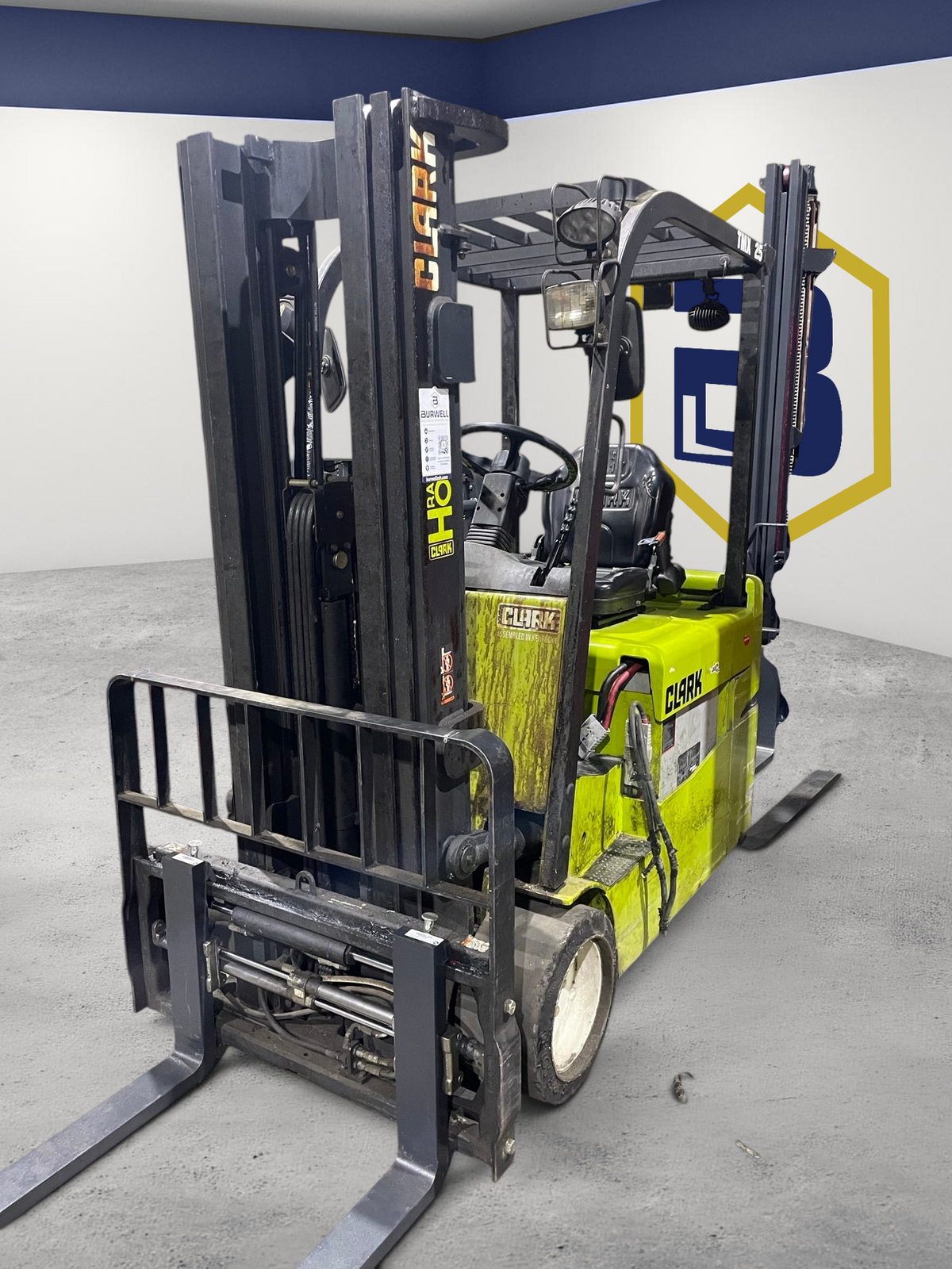 Burwell Material Handling 2021 Clark TMX25 3-wheel electric forklift with lime green chassis in a warehouse.