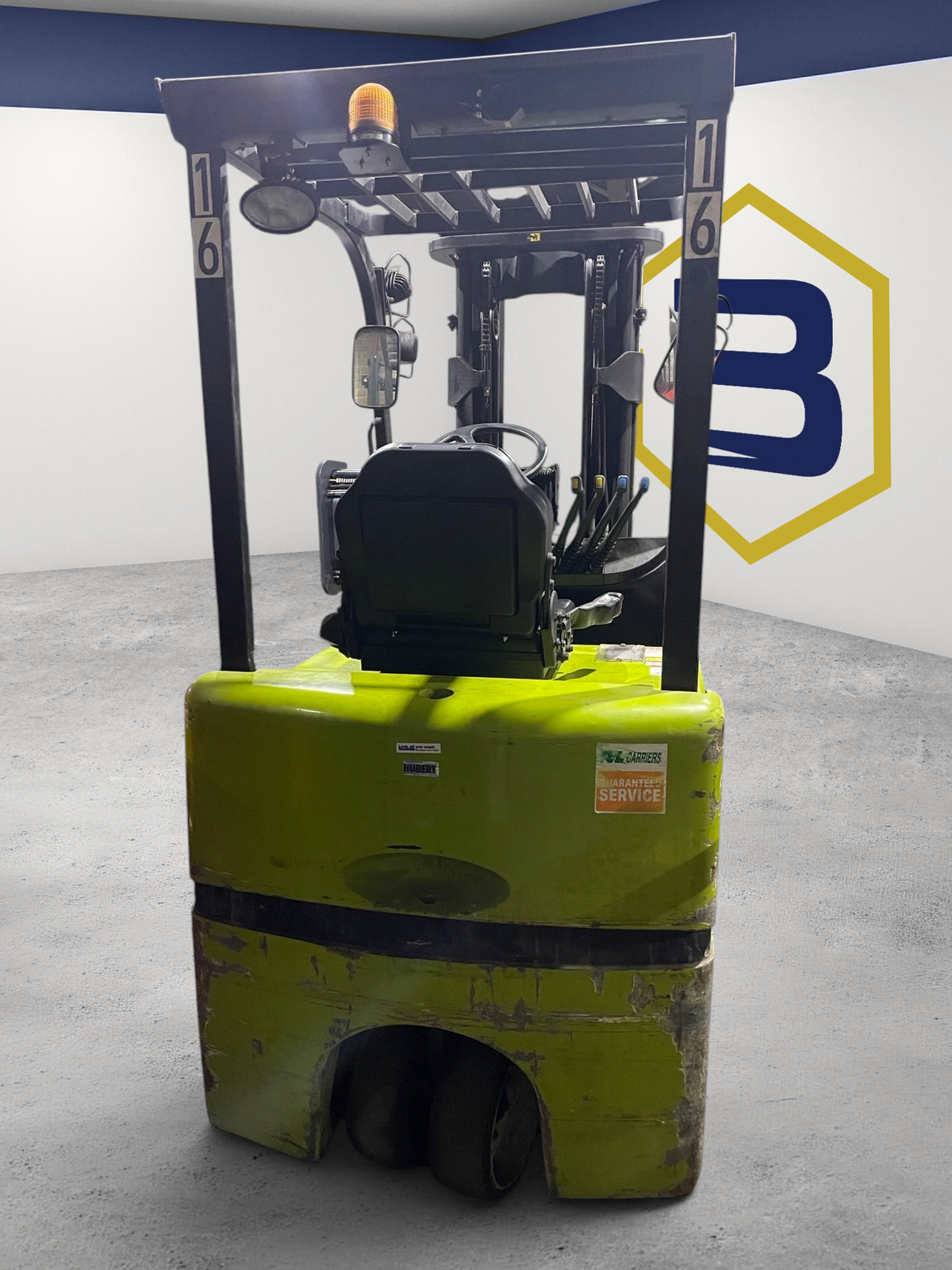 Burwell Material Handling 2021 Clark TMX25 3-wheel electric forklift in lime green parked in a warehouse