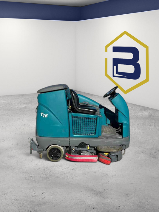 Burwell Material Handling 2021 Tennant T16 electric ride-on floor scrubber in teal, side view on an outdoor lot.