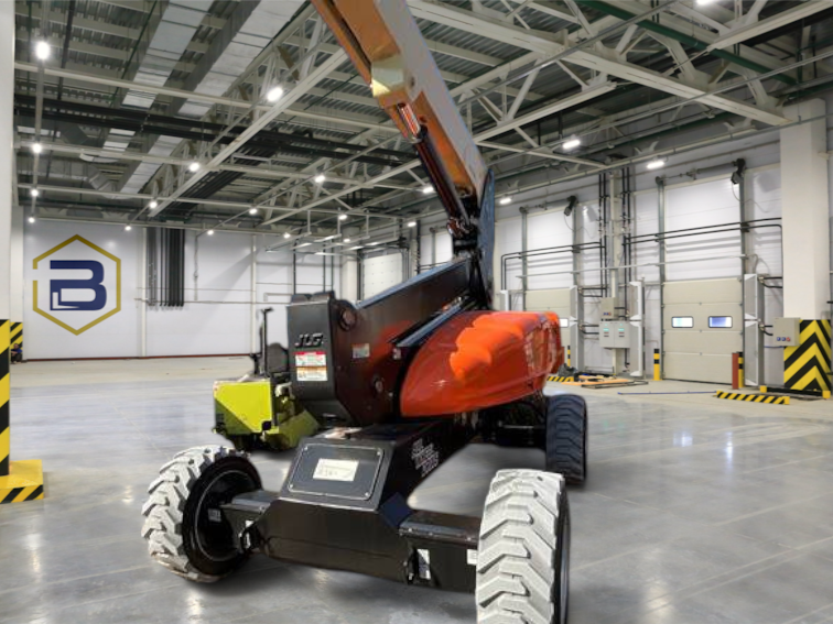 Burwell Material Handling 2023 JLG EC600SJP electric boom lift with orange and black chassis on a concrete lot