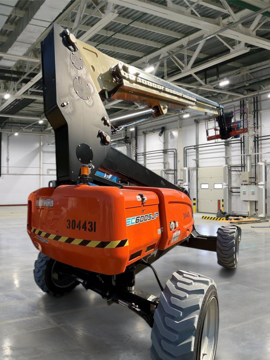 Burwell Material Handling 2023 JLG EC600SJP electric boom lift with orange chassis and extended telescopic arm