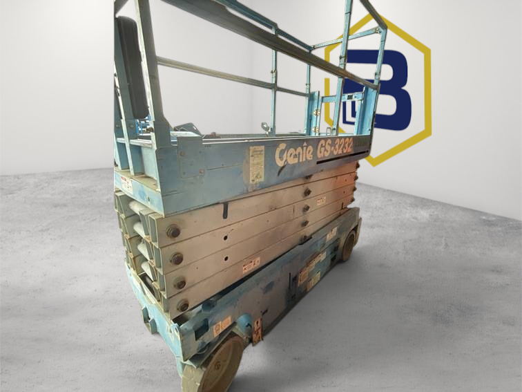 Burwell Material Handling 2014 Genie GS-3232 blue electric scissor lift in a warehouse setting