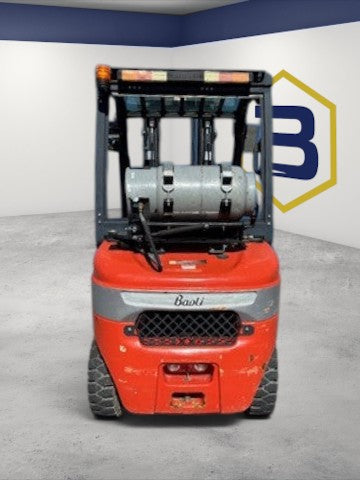 Rear view of a 2022 Burwell Material Handling Baoli KBG25 LPG pneumatic forklift with a grey fuel tank