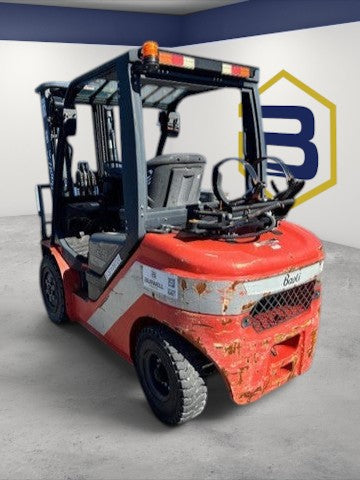 Burwell Material Handling 2022 Baoli KBG25 5000 lb LPG pneumatic forklift in red, rear view in industrial setting.