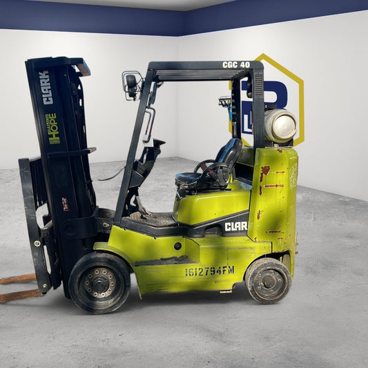Burwell Material Handling 2020 CLARK CGC40 LPG cushion-tire forklift with 8,000 lb capacity in lime green and black.