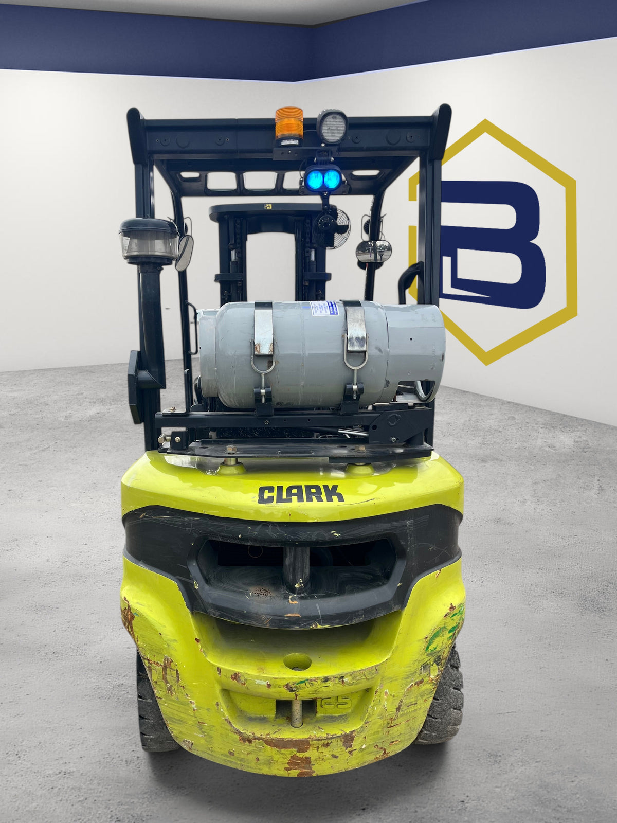 Burwell Material Handling 2020 CLARK S25 LPG forklift with yellow chassis and rear-mounted propane tank