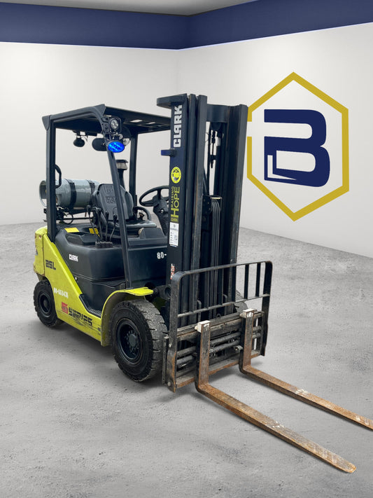 Burwell Material Handling 2020 CLARK S25 LPG forklift with pneumatic tires and triple-stage mast in a warehouse
