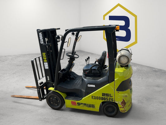 Burwell Material Handling 2022 CLARK S25C LPG cushion-tire forklift with a green chassis and triple-stage mast