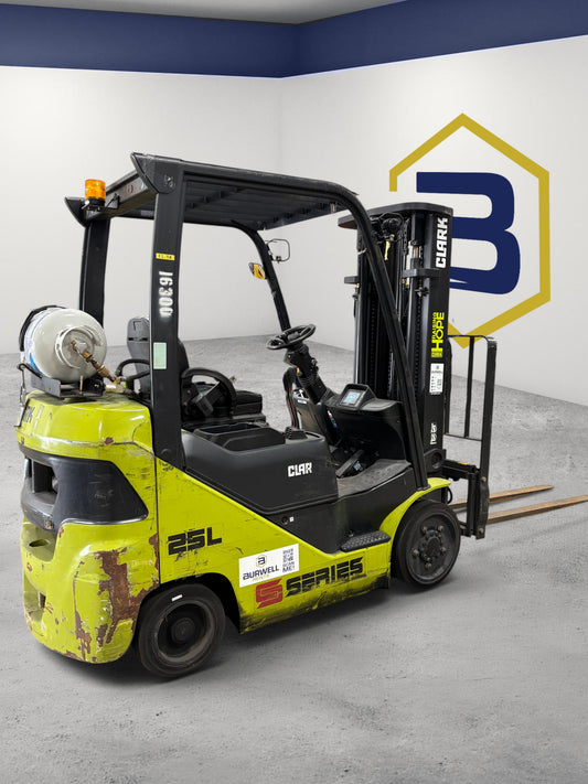 Burwell Material Handling 2000 CLARK S25CL LPG cushion-tire forklift with yellow chassis and triple-stage mast
