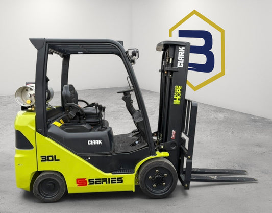 Burwell Material Handling 2022 Clark S30C LPG cushion-tire forklift with green and black finish in side profile view