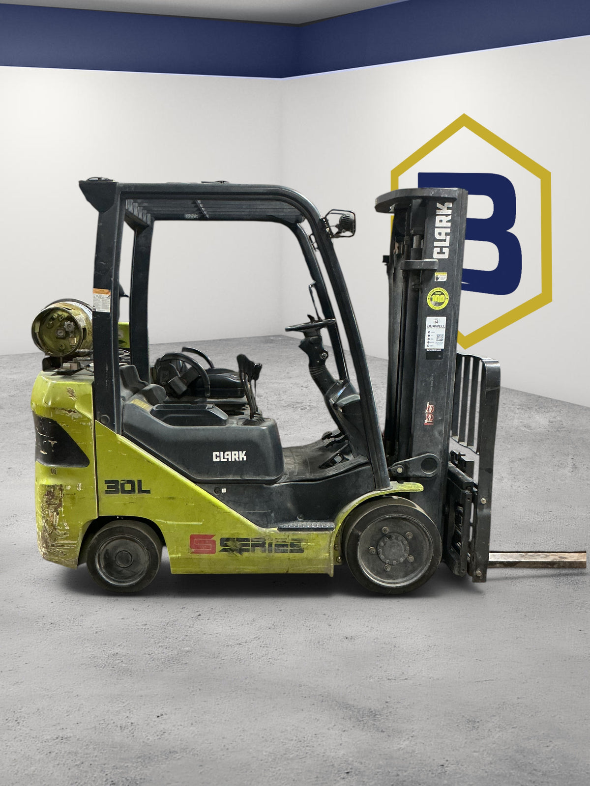 Burwell Material Handling 2020 Clark S30C LPG cushion-tire forklift in green and black, side profile view.