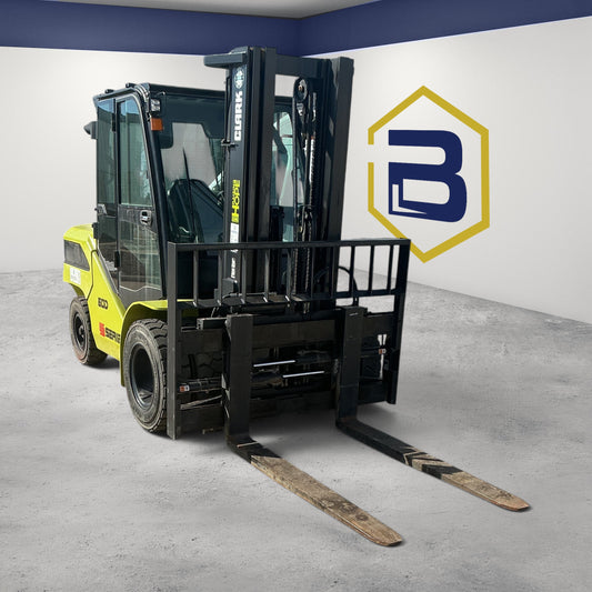 Burwell Material Handling 2022 CLARK S60 pneumatic forklift with yellow chassis and enclosed cab for outdoor use