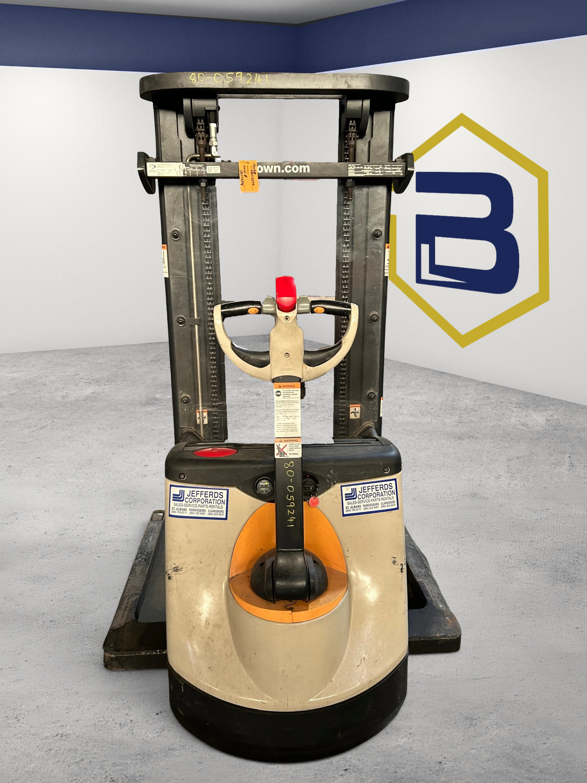 Burwell Material Handling Crown ST3000-20 electric straddle stacker forklift with a 2,000 lb capacity