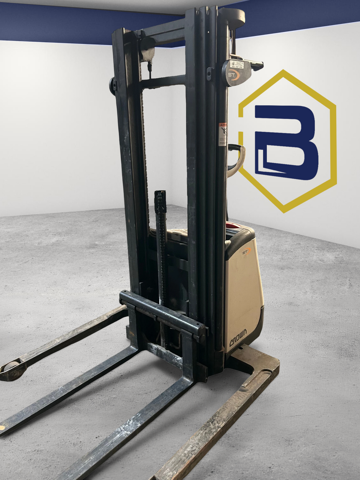 Burwell Material Handling 2018 Crown ST3000-20 electric straddle stacker forklift with black mast and white chassis.