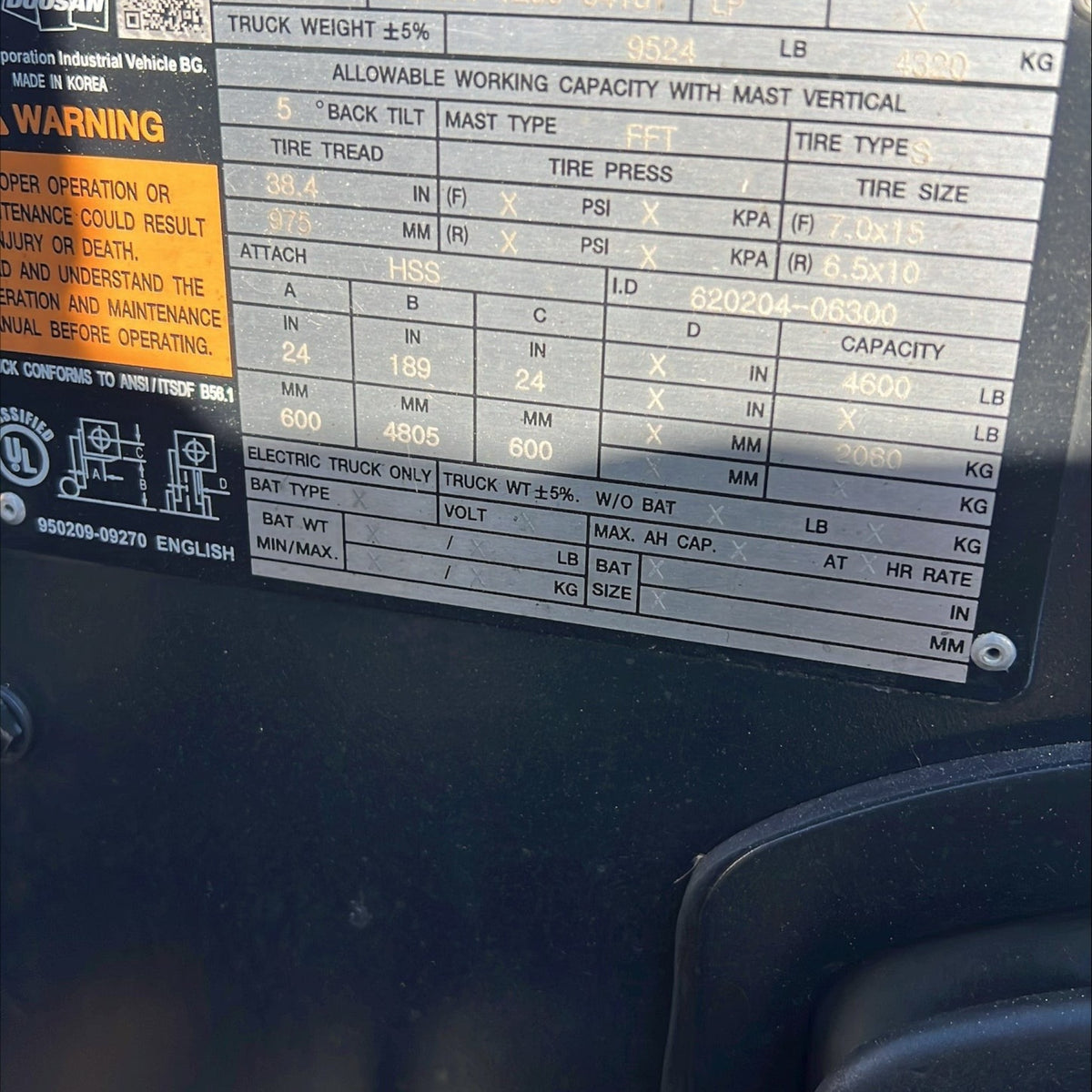 Burwell Material Handling 2020 Doosan G25N-7LP forklift metal identification plate with technical specifications