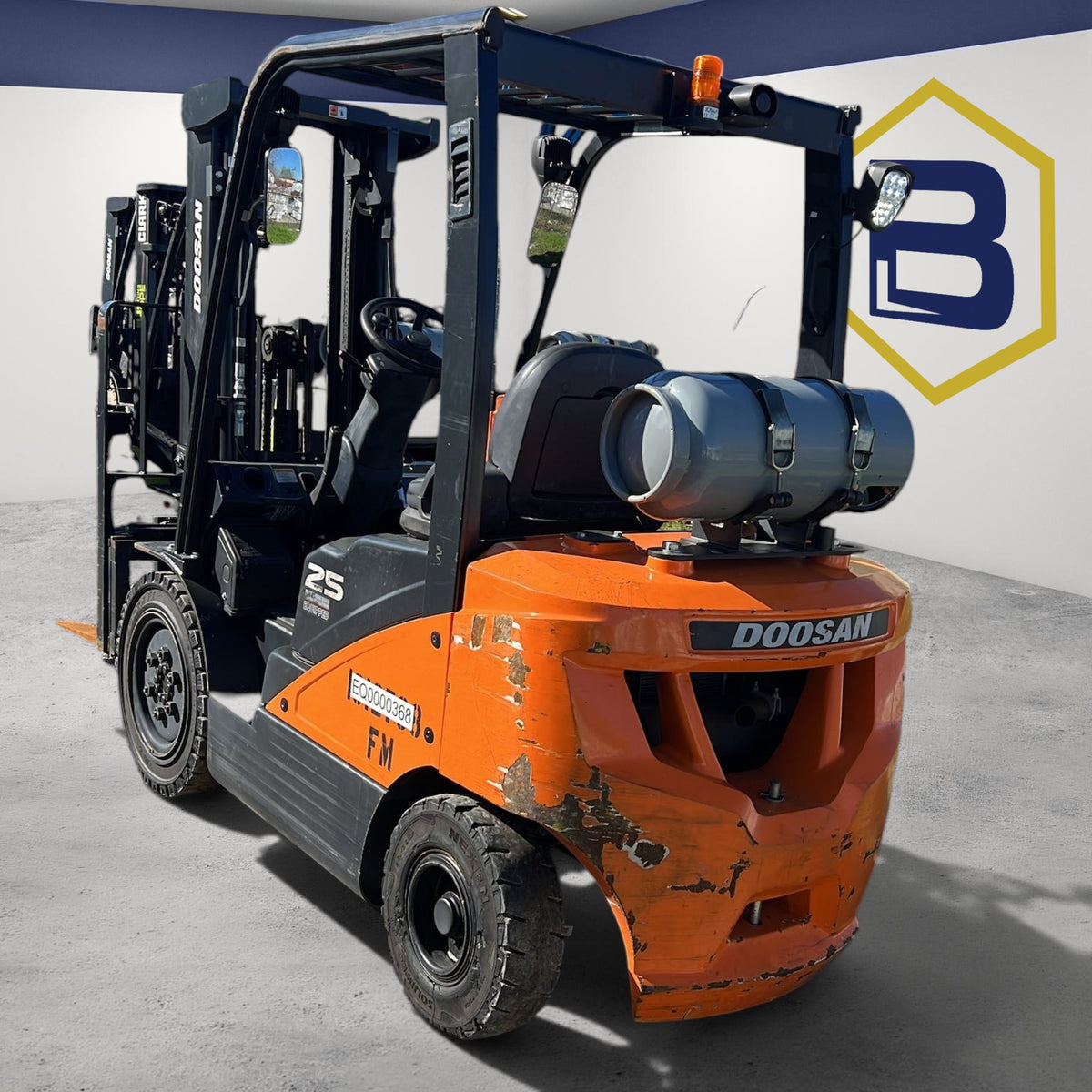 Burwell Material Handling 2020 Doosan G25N-7LP LPG pneumatic forklift with 5,000 lb capacity for outdoor use.