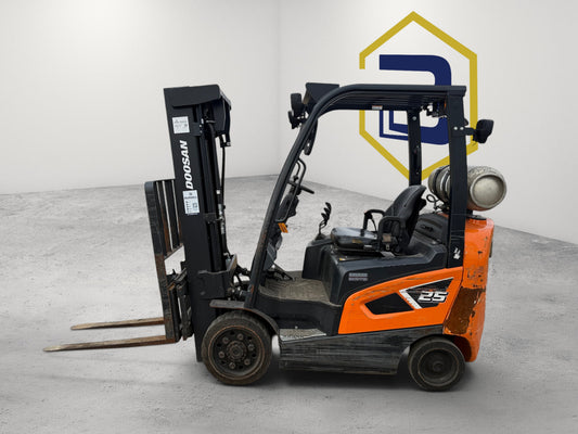 Burwell Material Handling 2020 Doosan GC25S-9 cushion-tire LPG forklift in orange and black for indoor warehouse use.