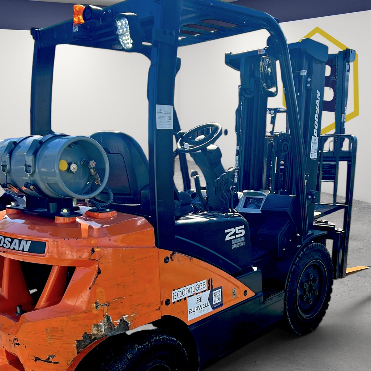 Burwell Material Handling 2020 Doosan G25N-7LP LPG pneumatic forklift with orange chassis and triple-stage mast.