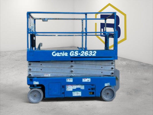 Burwell Material Handling 2013 Genie GS2632 electric slab scissor lift in blue with a roll-out platform extension