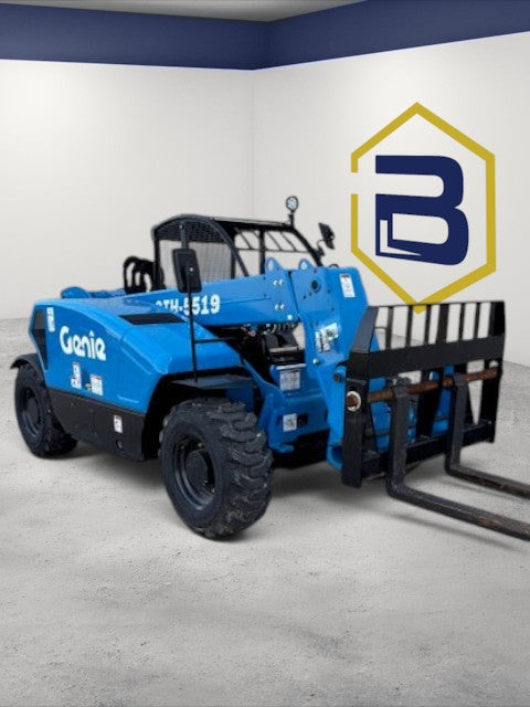 Burwell Material Handling 2025 Genie GTH-5519 compact blue telehandler with forks in a studio setting