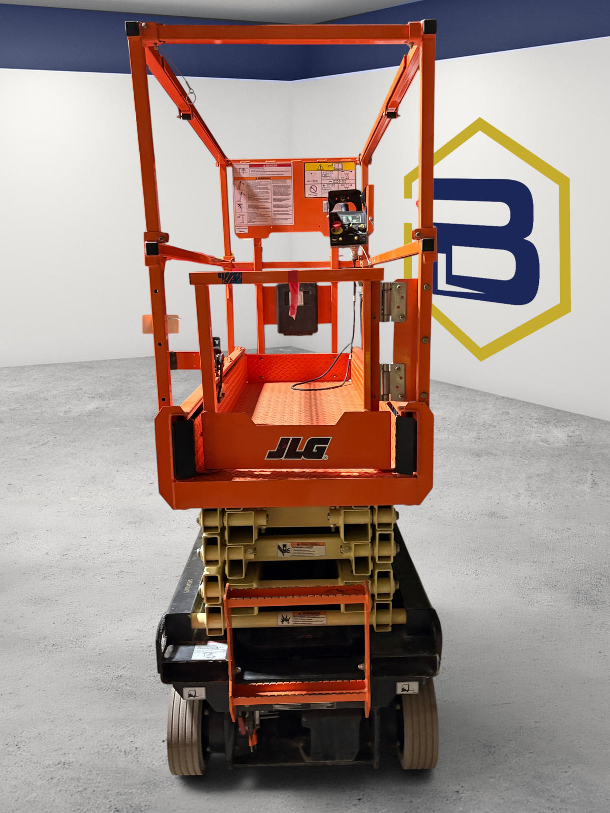 Burwell Material Handling 2022 JLG R1932 electric scissor lift with orange platform and 19 ft lift height
