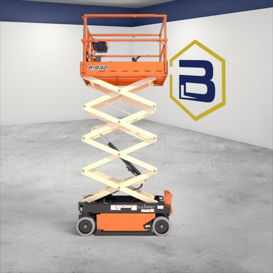 Burwell Material Handling 2022 JLG R1932 electric scissor lift in orange, shown in a studio setting.