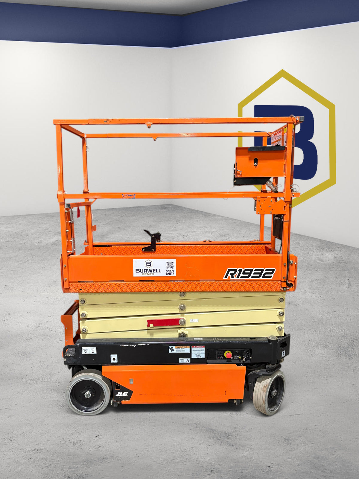 Burwell Material Handling 2022 JLG R1932 electric scissor lift with orange frame and 19 ft platform height