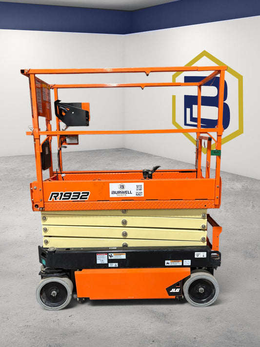 Burwell Material Handling 2022 JLG R1932 electric scissor lift with orange and cream finish in a studio setting