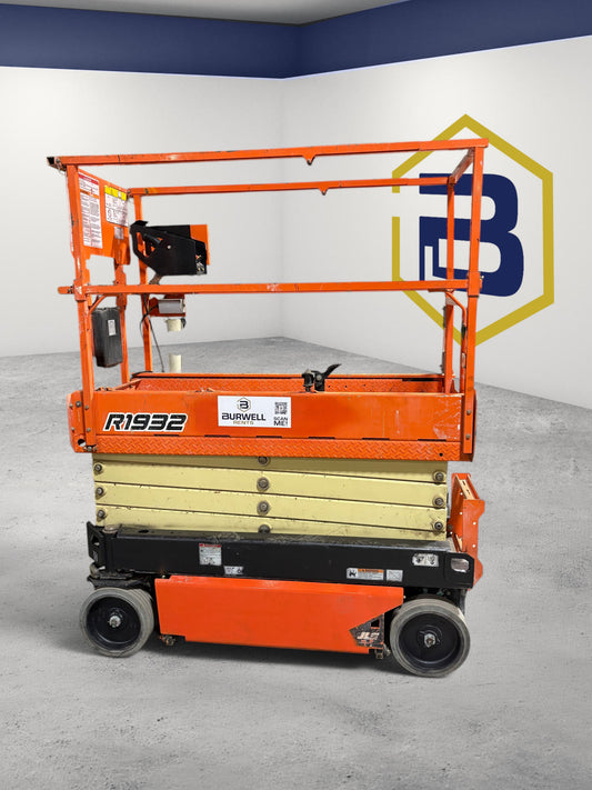 Burwell Material Handling 2022 JLG R1932 electric scissor lift with orange frame and compact design for indoor use