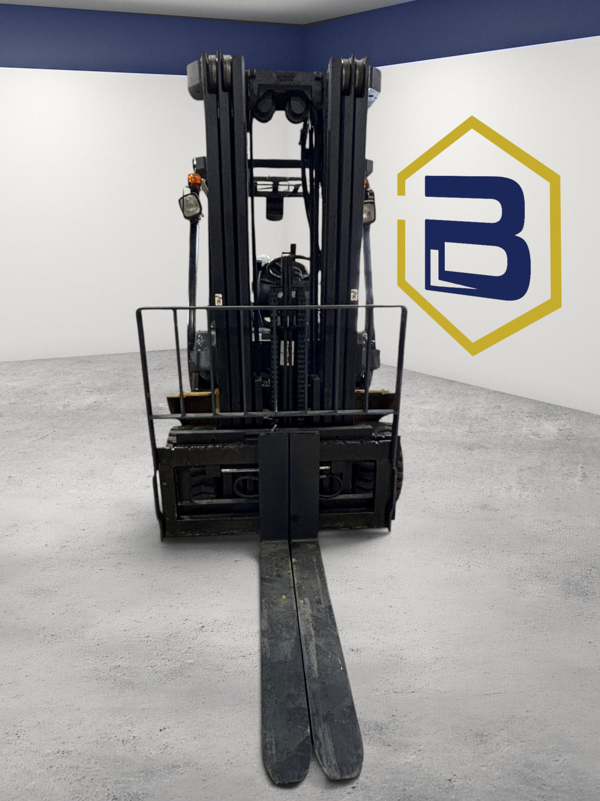 Burwell Material Handling 2001 Komatsu FG45BCS-7 cushion-tire forklift, front view of heavy-duty industrial lift.