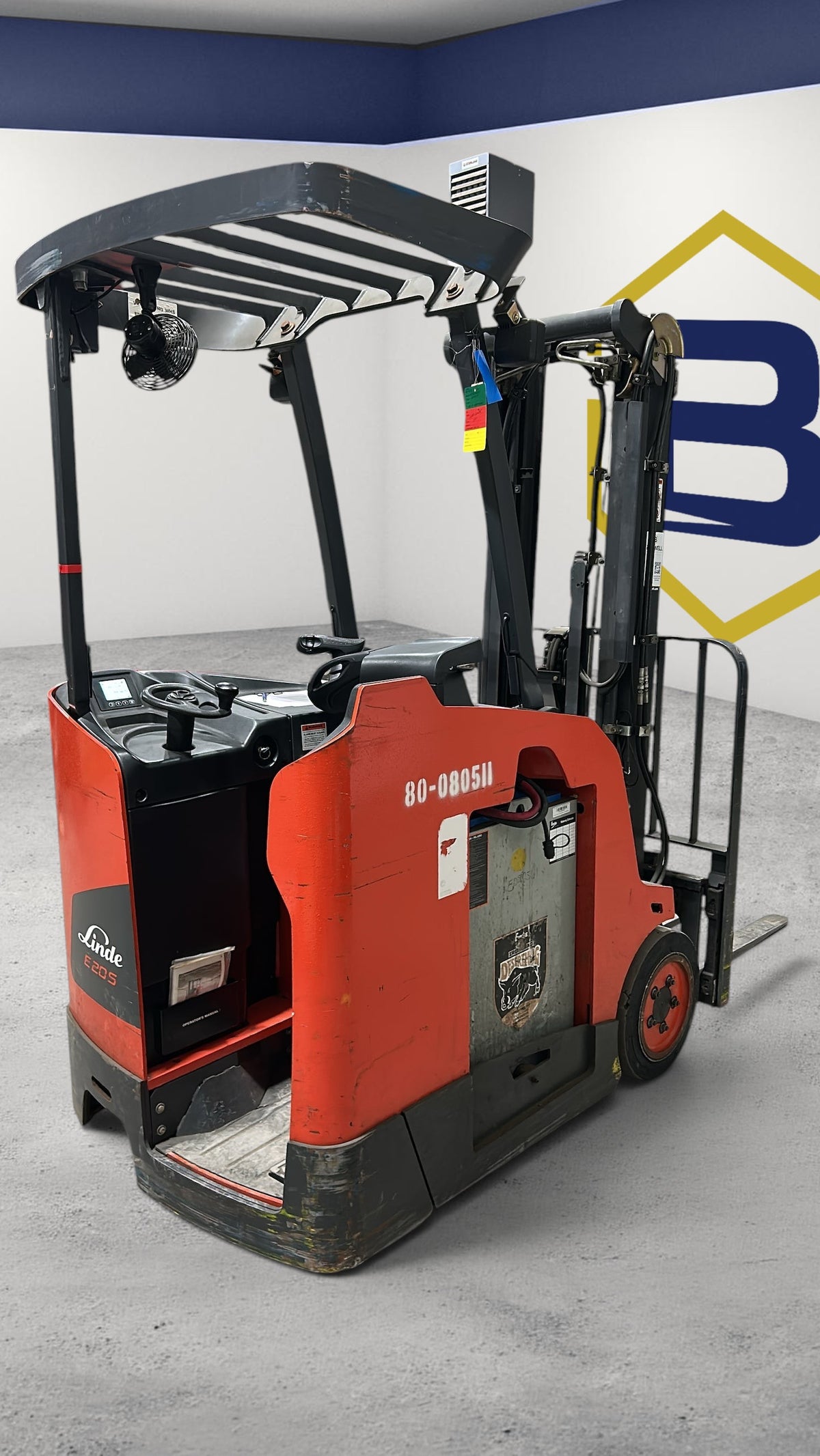 Burwell Material Handling 2021 Linde E20S electric stand-up forklift in red with a protective overhead guard