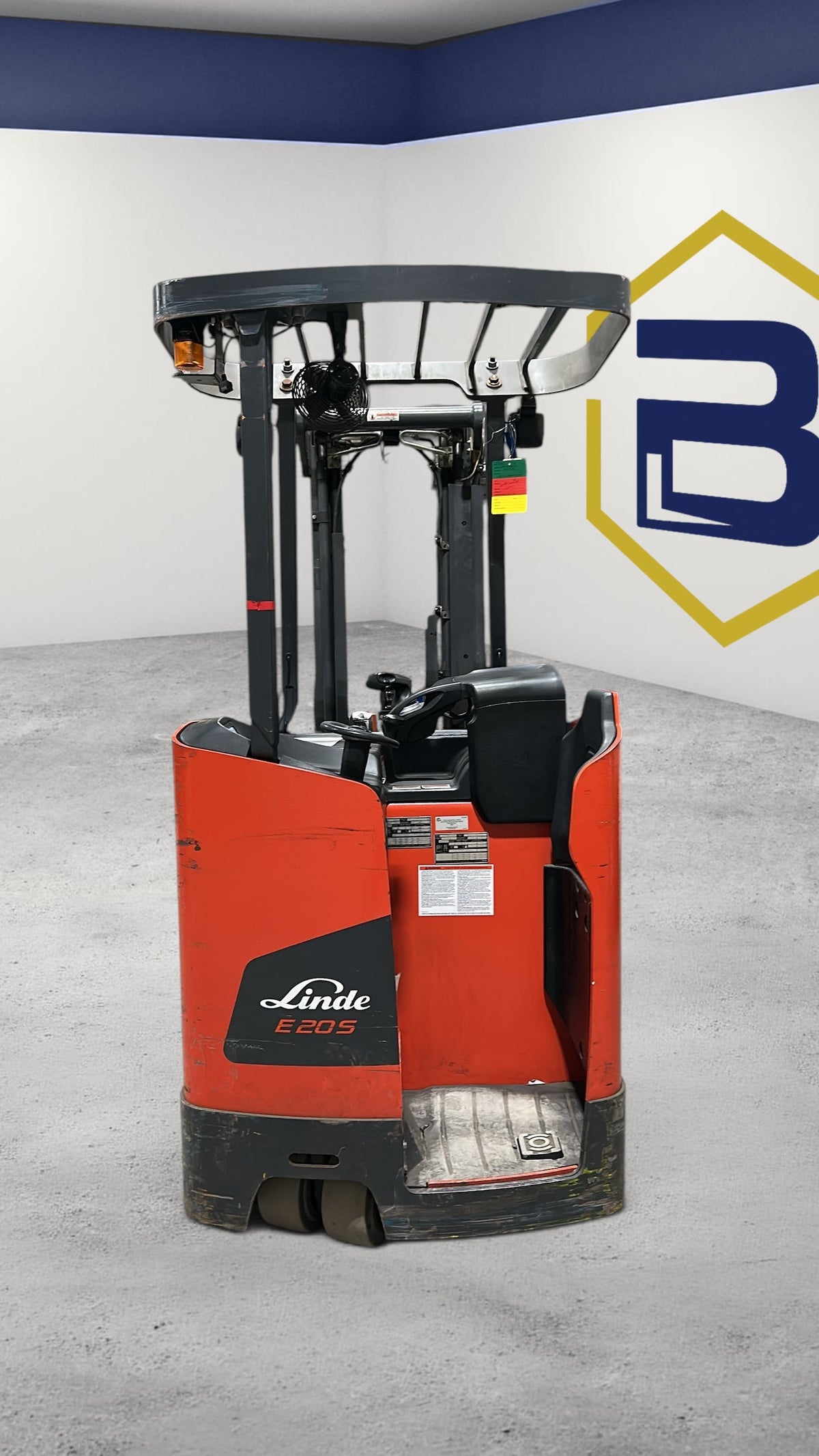 Burwell Material Handling 2021 Linde E20S electric stand-up rider forklift with red chassis in warehouse setting