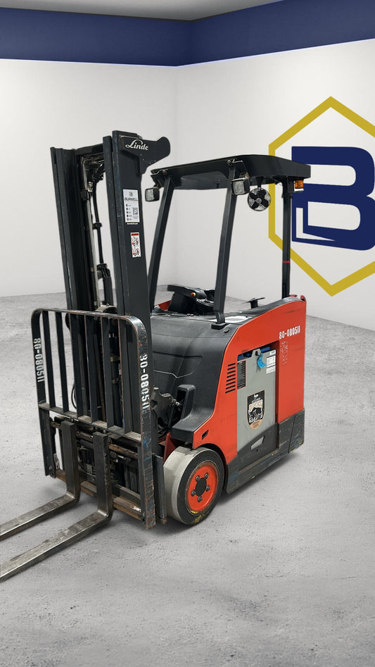 Burwell Material Handling 2021 Linde E20S electric stand-up forklift in red and black for warehouse material handling.
