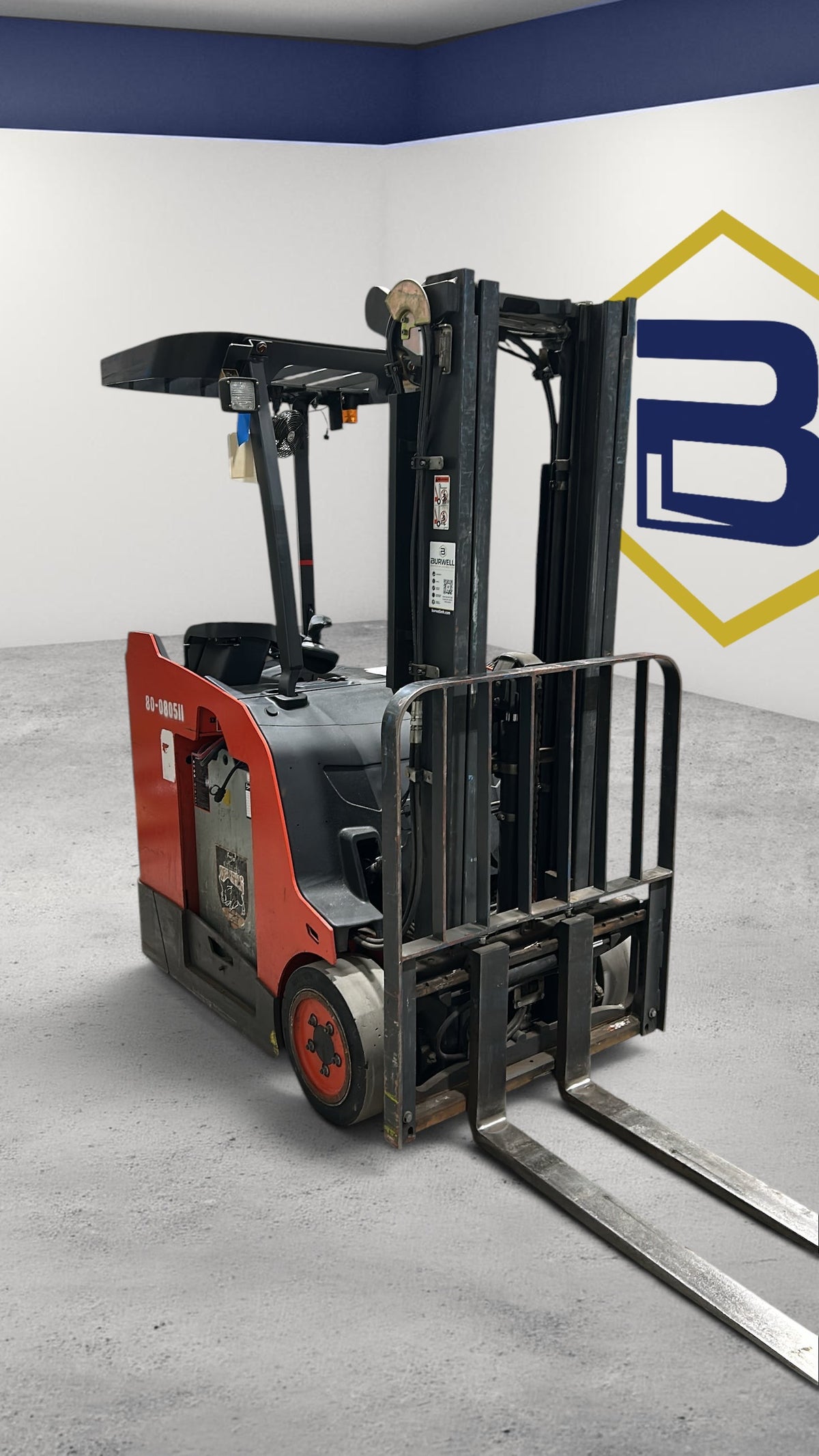 Burwell Material Handling 2021 Linde E20S electric stand-up forklift with red chassis in a warehouse setting.